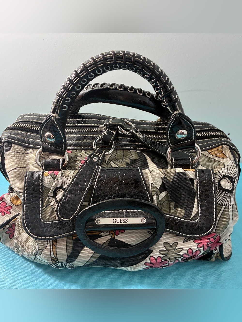 Guess Floral Canvas Satchel in Black, Cream, Pink